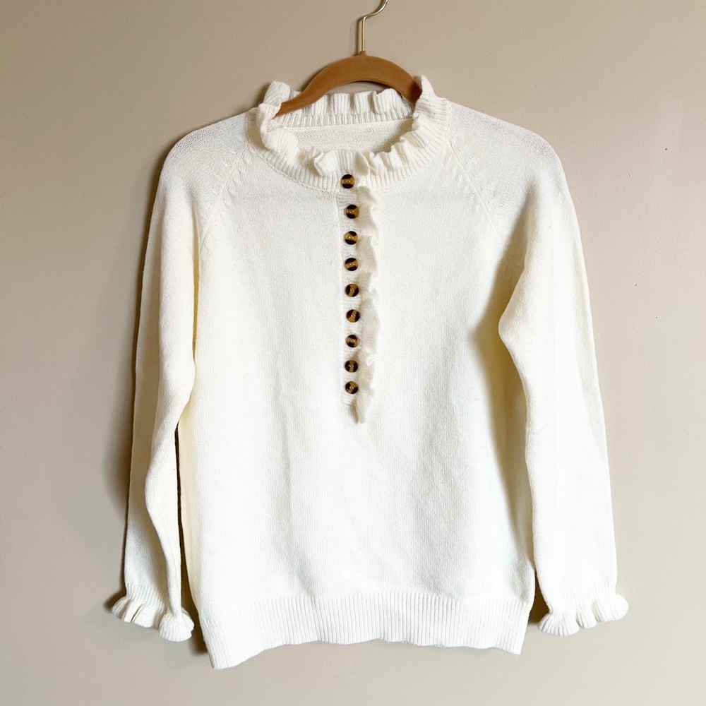 Women's Round Neck Button Down Knit Ribbed Sweater with Ruffles Size Small - Picture 2 of 10